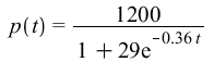 p(t) = `+`(`/`(`*`(1200), `*`(`+`(1, `*`(29, `*`(exp(`+`(`-`(`*`(.36, `*`(t))))))))))); 